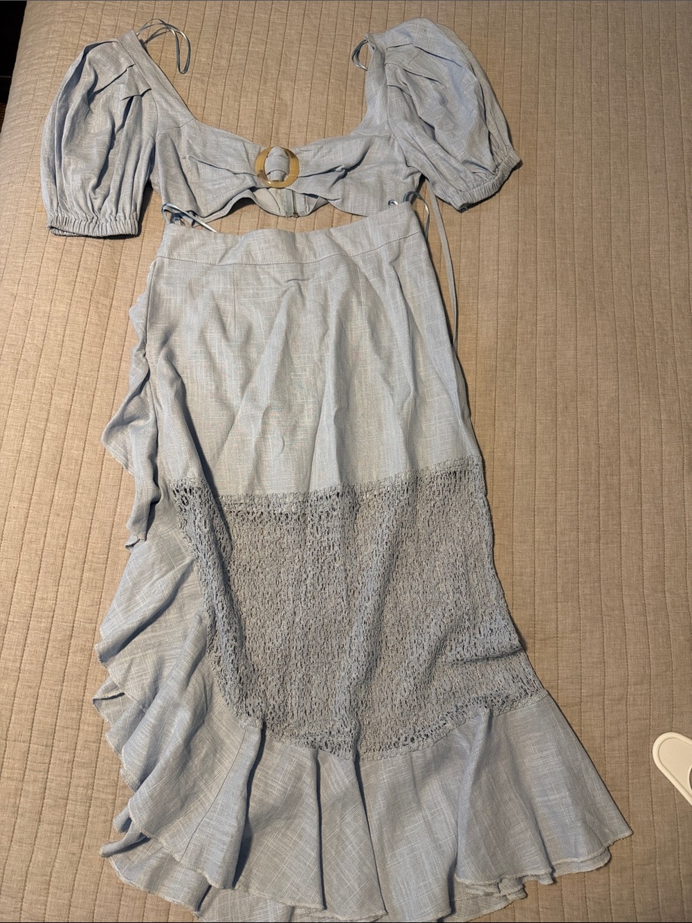 Light Blue Puff-Sleeve Two-Piece Dress Set